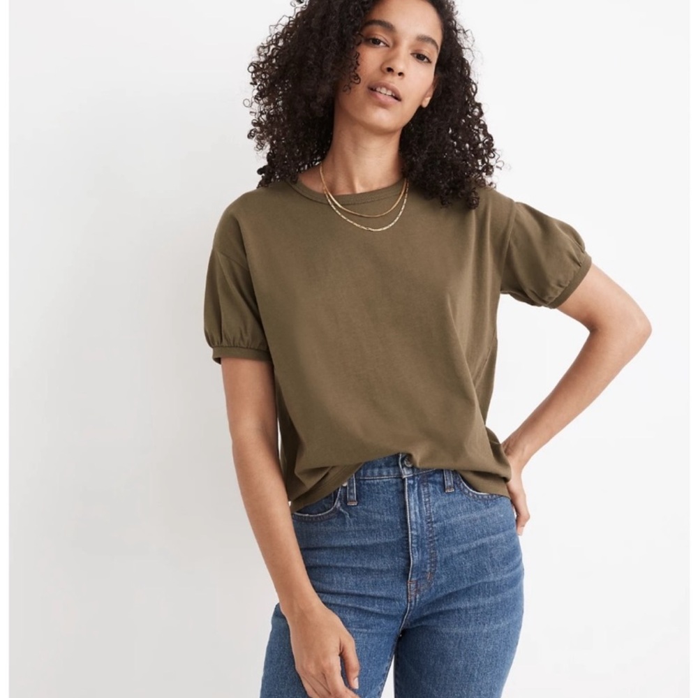 Madewell Supima Cotton Olive Green Bubble Sleeve Tee